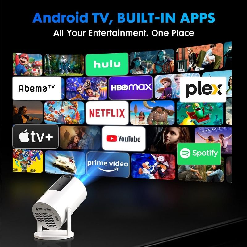 【Android 14 & Built-in Apps】Tecaki Mini Projector, Portable Projector with WiFi 6 and Bluetooth 5.2, 180° Rotatable Support 1080P with Auto Keystone for Home Bedroom Compatible with TV Stick/HDMI/USB