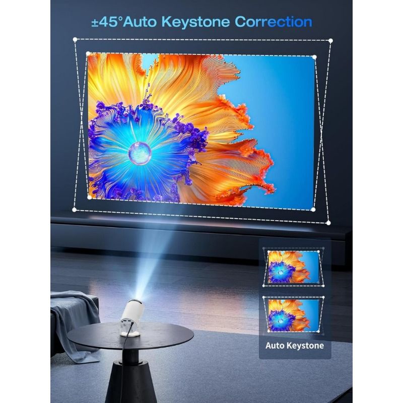 [Built-in Apps & Android 14.0] Mini Projector Portable 20000 Lux Projector 4K Supported 180° Rotation & Auto Keystone, Outdoor Compatible with TV Stick/Windows/iOS/Android/HDMI/USB (1080P)