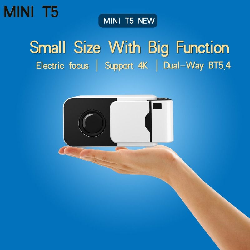 T5 Ultra-Light Super Small Mini Projector, 4K Support, 5G WiFi 6, Bluetooth 5.4, Auto Keystone, Electric Focus, 200" Giant Screen, Portable for Home, Camping, Teaching