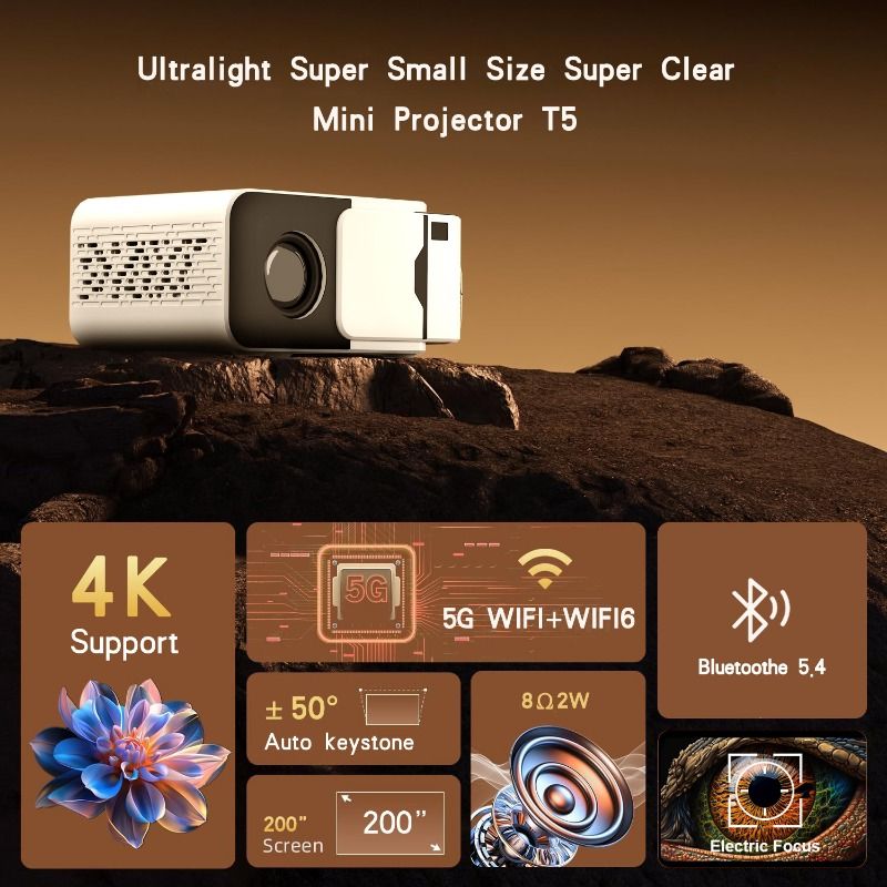 T5 Ultra-Light Super Small Mini Projector, 4K Support, 5G WiFi 6, Bluetooth 5.4, Auto Keystone, Electric Focus, 200" Giant Screen, Portable for Home, Camping, Teaching