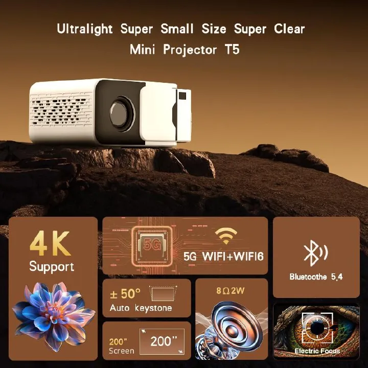 T5 Ultra-Light Super Small Mini Projector, 4K Support, 5G WiFi 6, Bluetooth 5.4, Auto Keystone, Electric Focus, 200" Giant Screen, Portable for Home, Camping, Teaching