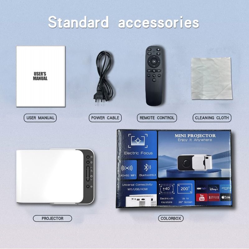 T5 Ultra-Light Super Small Mini Projector, 4K Support, 5G WiFi 6, Bluetooth 5.4, Auto Keystone, Electric Focus, 200" Giant Screen, Portable for Home, Camping, Teaching