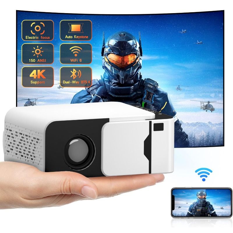 T5 Ultra-Light Super Small Mini Projector, 4K Support, 5G WiFi 6, Bluetooth 5.4, Auto Keystone, Electric Focus, 200" Giant Screen, Portable for Home, Camping, Teaching