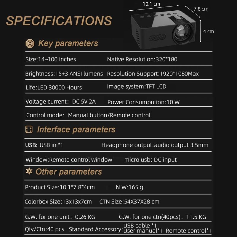 Smaller Than Mobile Phone Projector, Wireless Smartphone Connection, 16:9 HD Large Screen, Portable for Home, Dorm, Camping