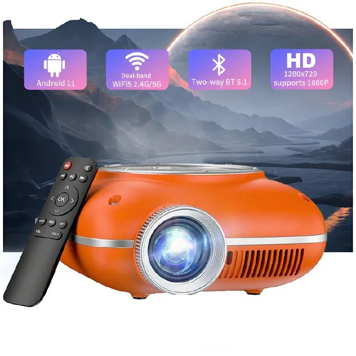Android 11 Projector with Dual-Band WiFi 2.4G/5G, Two-Way Bluetooth 5.1, Supports 1080P, Portable for Home, Dorm, Camping
