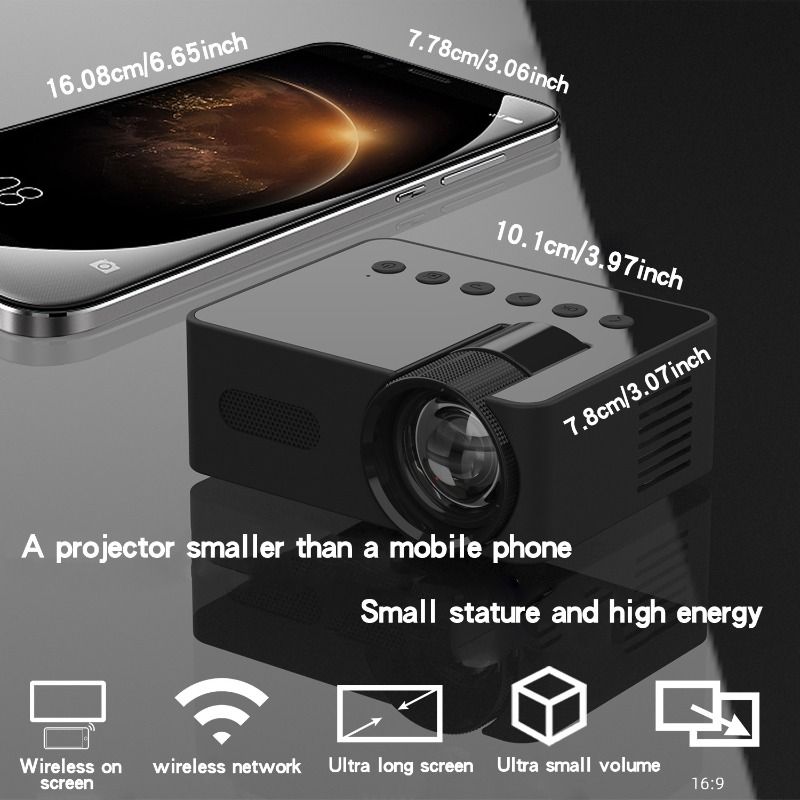 Portable Projector 1080P Full HD Mini Home Cinema Projector Suitable for iOS and Android Wireless Projection, Handheld Portable, Suitable for Home, Dormitory, Camping