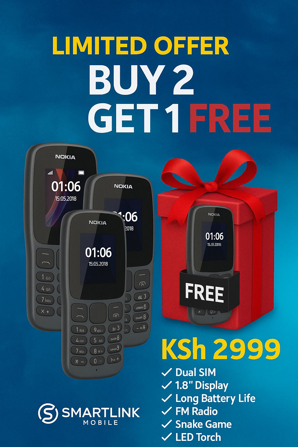 Brand New Nokia 106 – Dual SIM – 1.8" Display – FM Radio – 800mAh Battery