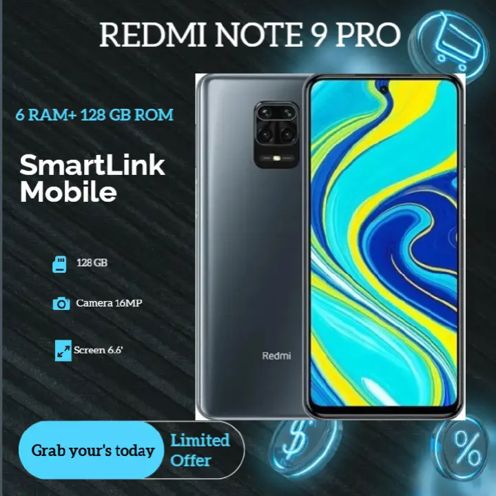 Refurbished Redmi Note 9 Pro 6GB RAM + 128GB ROM 64MP+16MP Camera 5020mAh (Dual SIM) Android Smartphones/ Mobile Phones