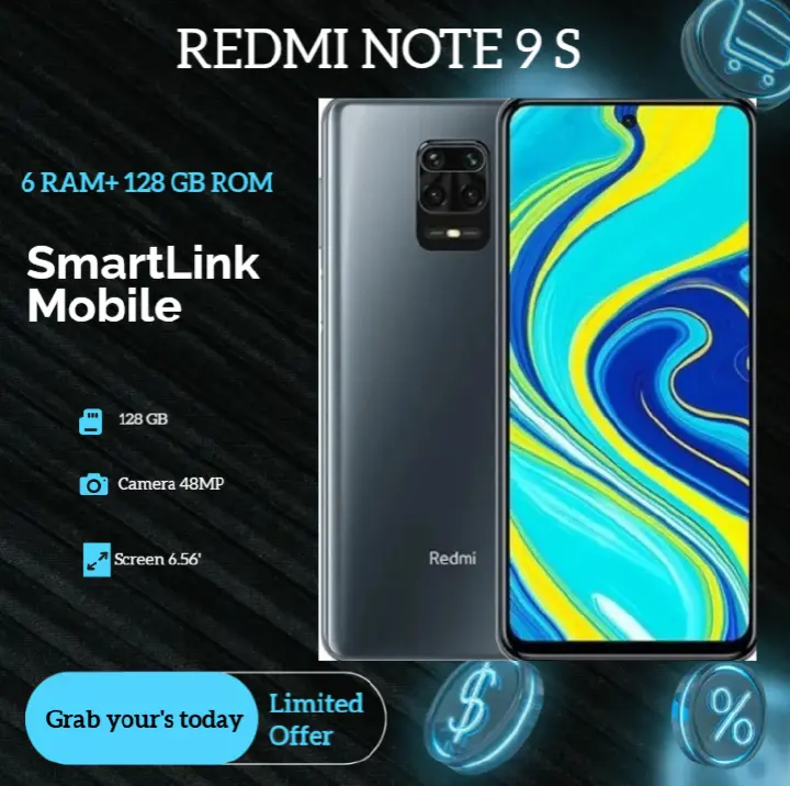 Refurbished Redmi Note 9S 6GB RAM + 128GB ROM 48MP+16MP Camera 5020mAh (Dual SIM) Android Smartphones/ Mobile Phones