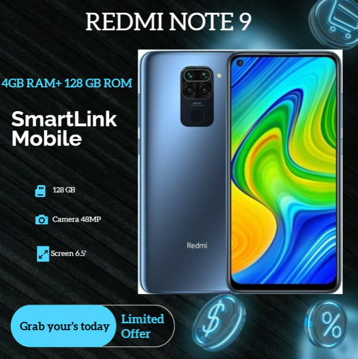 Refurbished Redmi Note 9 4GB RAM + 128GB ROM 48MP+13MP Camera 5020mAh (Dual SIM) Android Smartphones/ Mobile Phones
