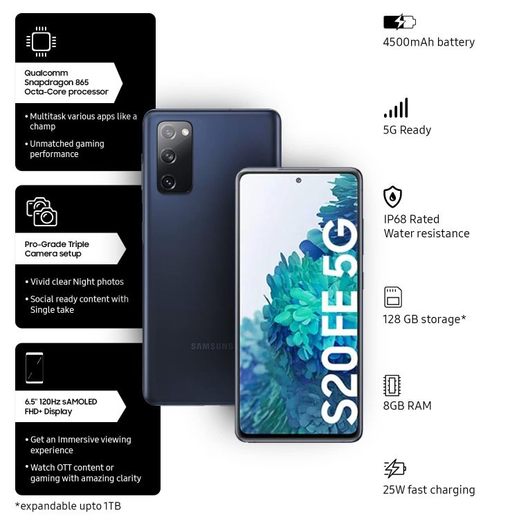 Refurbished Samsung Galaxy S20 FE 6GB RAM + 128GB ROM 12MP+32MP Camera 4500mAh (Dual SIM) Android Smartphones/ Mobile Phones