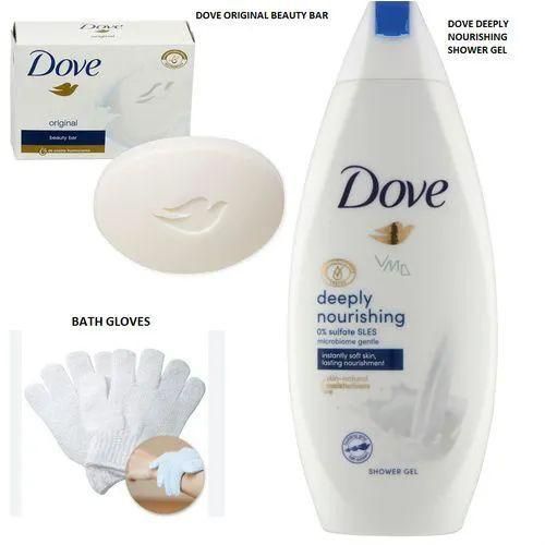 Dove Beauty Soap + Deeply Nourishing Shower Gel + Bath Gloves