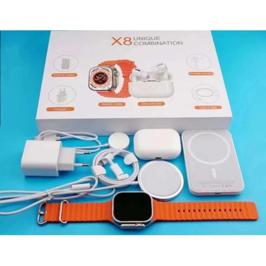 X8 super smart watch with earbuds, wireless power Banks and a charger