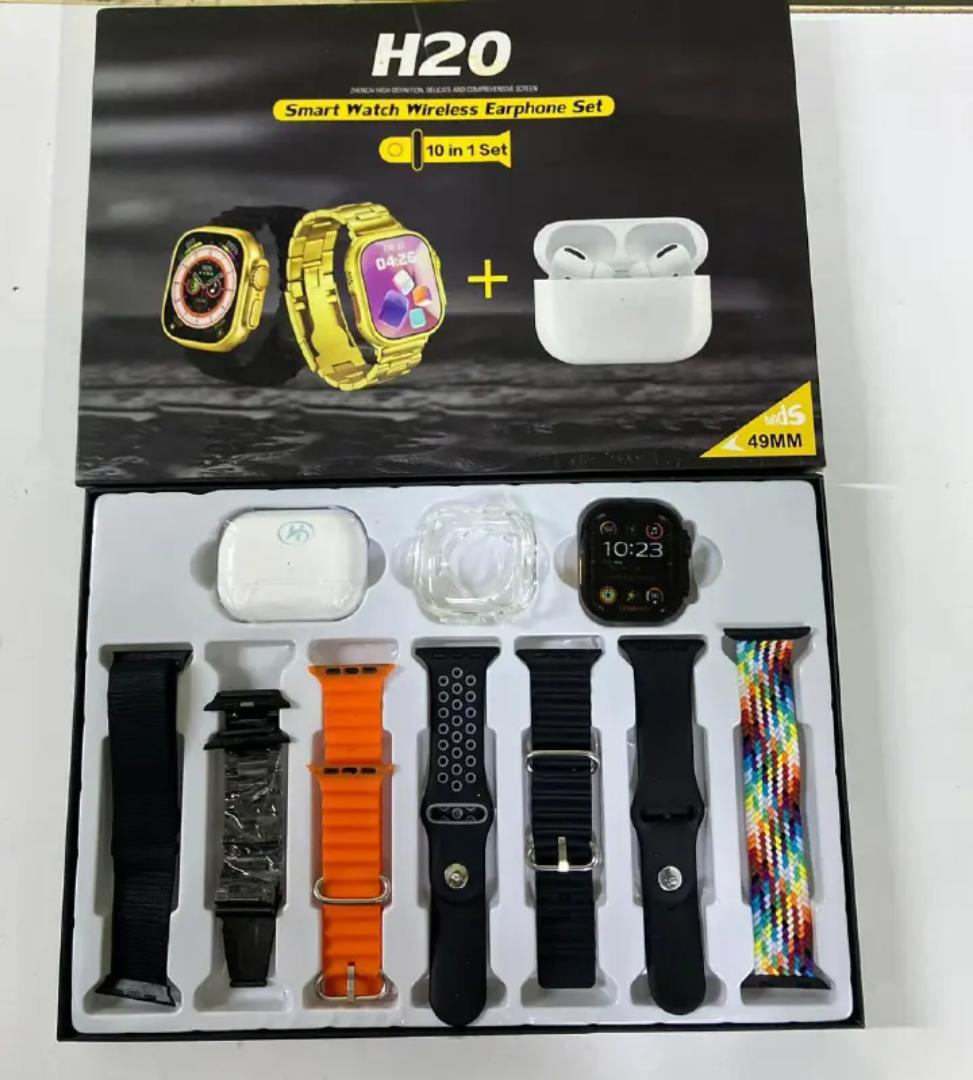 H20 max smart watch comes with 1 earbuds, 7 different colours straps  and charging cable