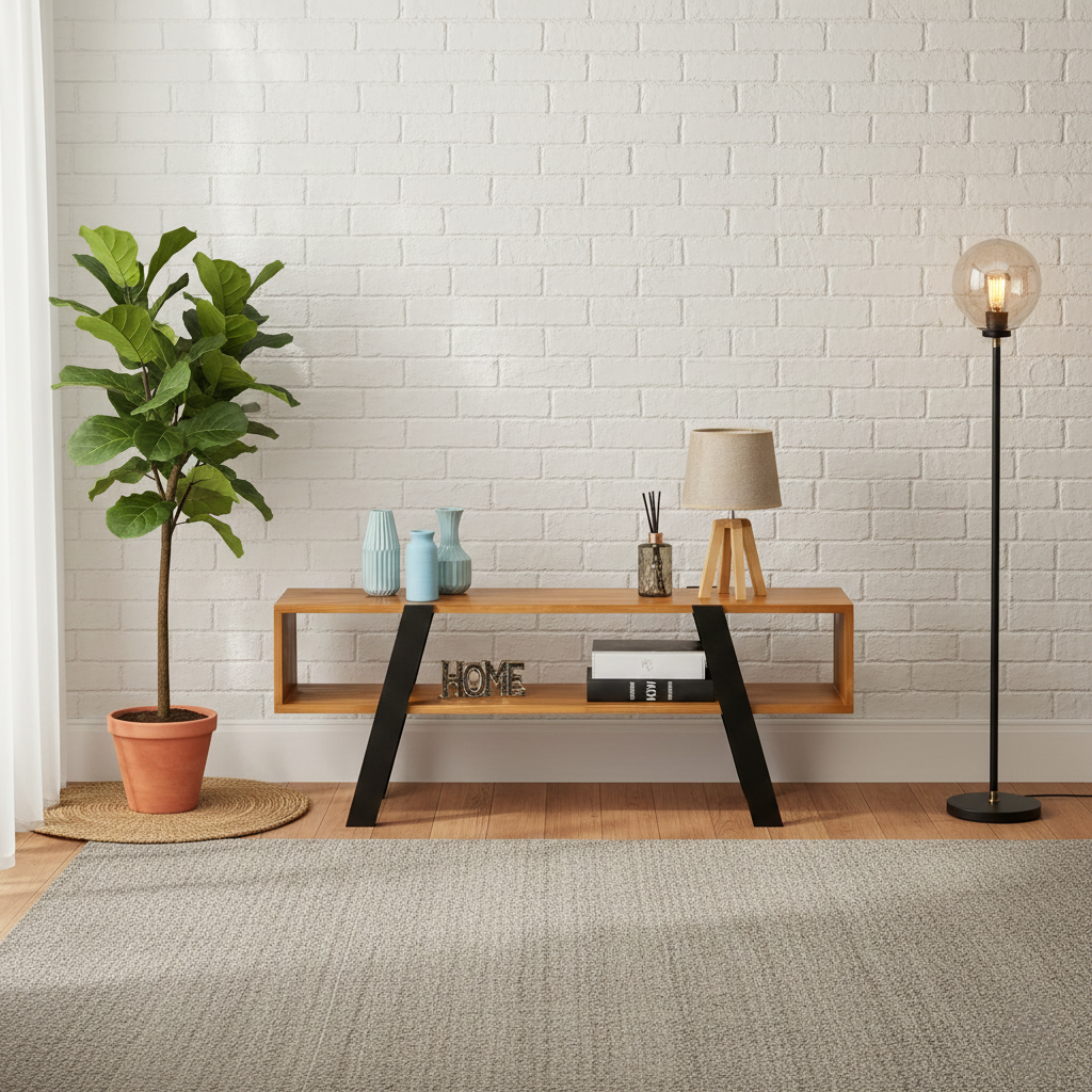 Modern Nordic TV Stand Console & Coffee Table with Open Storage Shelf, Stylish Industrial A-Frame Metal Legs, Durable Wood Grain Finish Media Center for Living Room, Bedroom, Office - 120cm, Oak/White