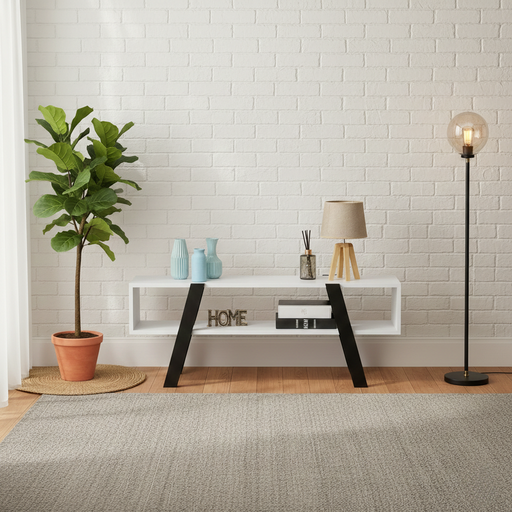 Modern Nordic TV Stand Console & Coffee Table with Open Storage Shelf, Stylish Industrial A-Frame Metal Legs, Durable Wood Grain Finish Media Center for Living Room, Bedroom, Office - 120cm, Oak/White