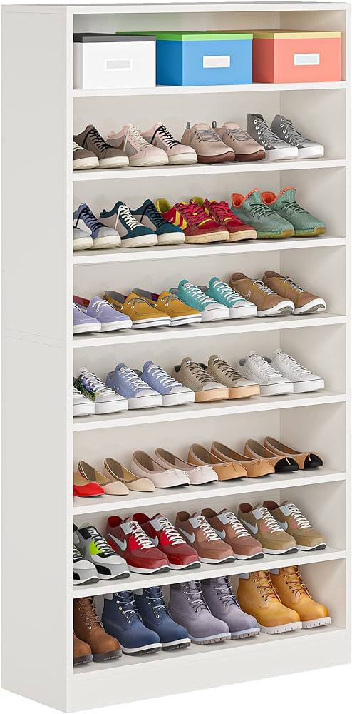 ​Modern 8-Tier Wooden Shoe Rack Organizer Cabinet - Black or White Elegant Finish - Large Capacity Free Standing Shoe Storage Shelf for Entryway & Bedroom - Heavy Duty Multi-functional Home Furniture
