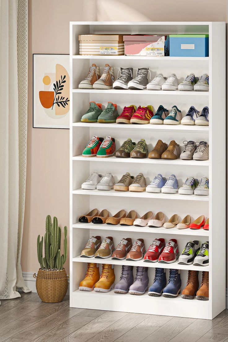 ​Modern 8-Tier Wooden Shoe Rack Organizer Cabinet - Black or White Elegant Finish - Large Capacity Free Standing Shoe Storage Shelf for Entryway & Bedroom - Heavy Duty Multi-functional Home Furniture