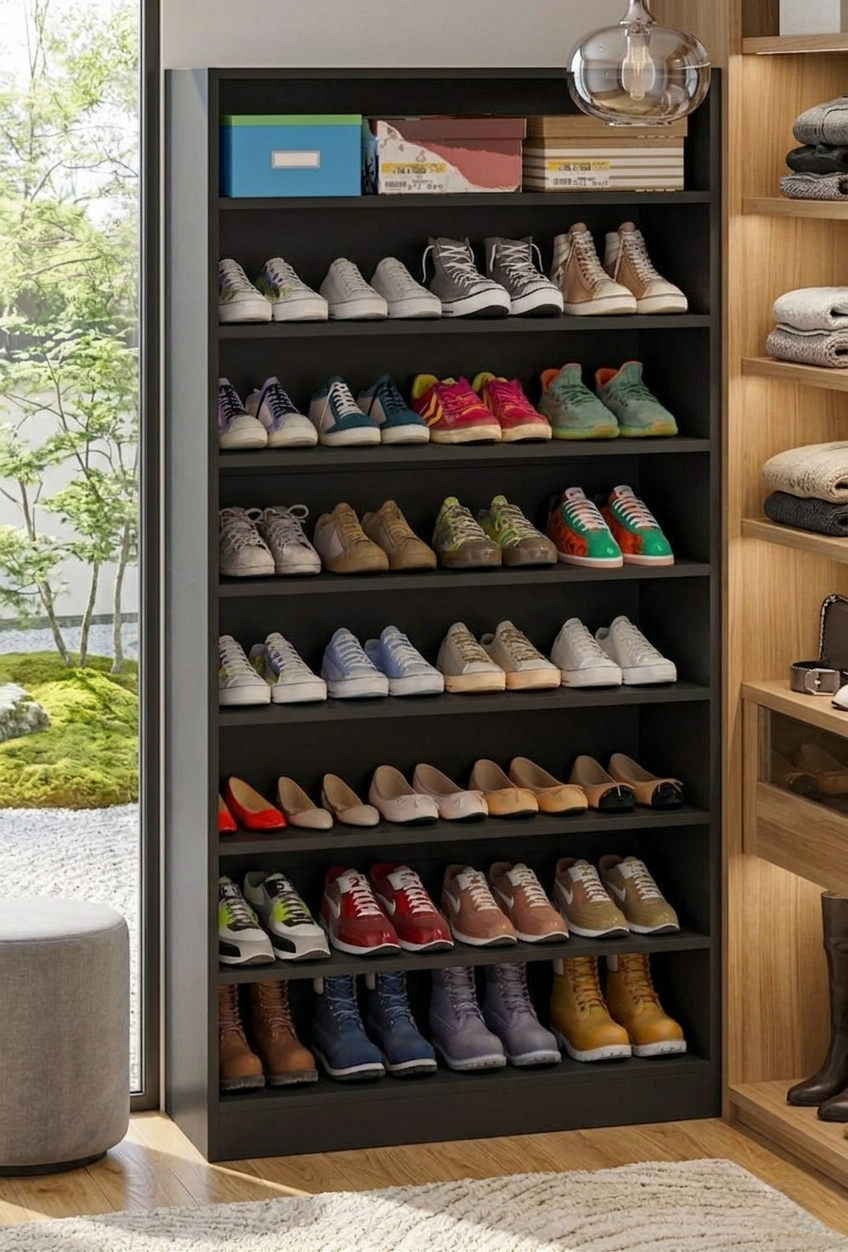 ​Modern 8-Tier Wooden Shoe Rack Organizer Cabinet - Black or White Elegant Finish - Large Capacity Free Standing Shoe Storage Shelf for Entryway & Bedroom - Heavy Duty Multi-functional Home Furniture