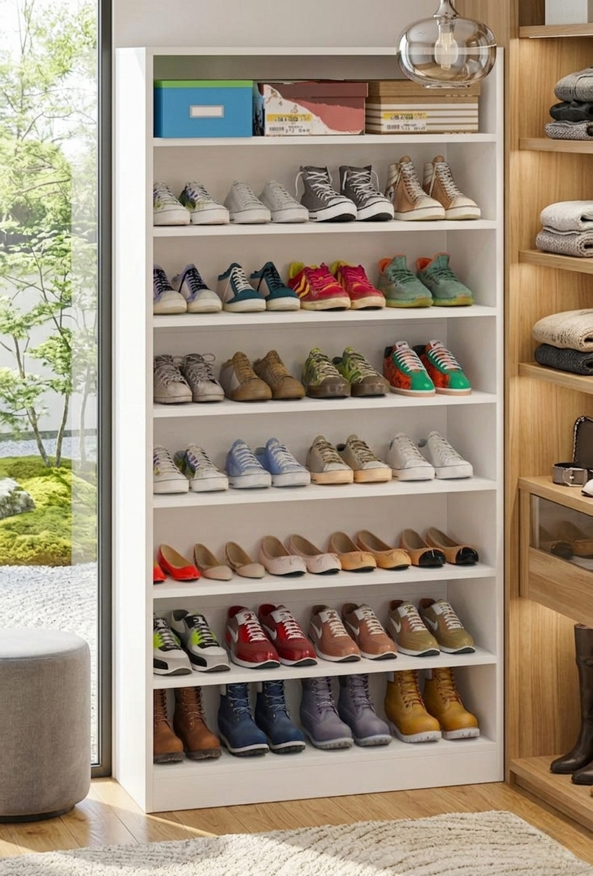 ​Modern 8-Tier Wooden Shoe Rack Organizer Cabinet - Black or White Elegant Finish - Large Capacity Free Standing Shoe Storage Shelf for Entryway & Bedroom - Heavy Duty Multi-functional Home Furniture