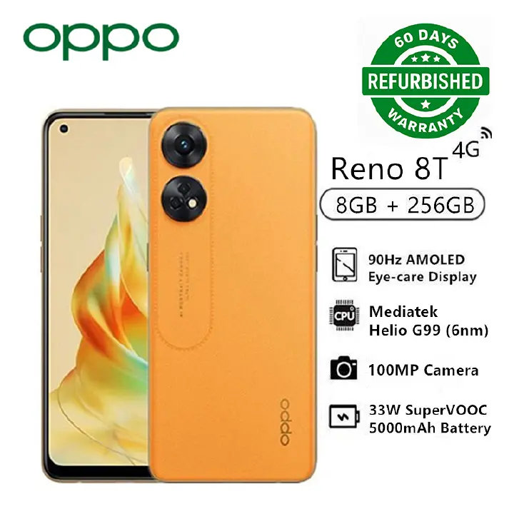 Refurbished OPPO Reno8 T 256GB+8GB 100MP Camera 90Hz 6.43'' Fiberglass-Leather Design 5000mAh 33W SuperVOOC Android 13 Smart Phones