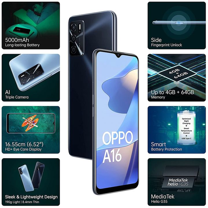 Refurbished OPPO A16 64GB+4GB 6.52" 13MP Camera 5000mAh Side Fingerprint Unlock Android 11 2G/3G/4G LTE Dual SIM Smart Phones