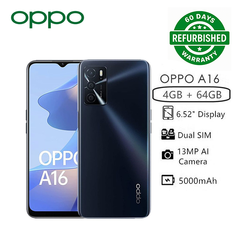 Refurbished OPPO A16 64GB+4GB 6.52" 13MP Camera 5000mAh Side Fingerprint Unlock Android 11 2G/3G/4G LTE Dual SIM Smart Phones