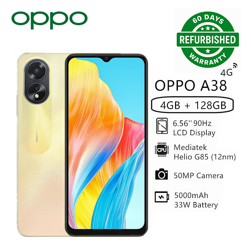Refurbished OPPO A38 128GB+4GB 50MP AI Camera 6.56" 90Hz Sunlight Display 33W 5000mAh Type-C Charge Android 13 4G Dual Sim Smart Phones Black,4GB+128GB