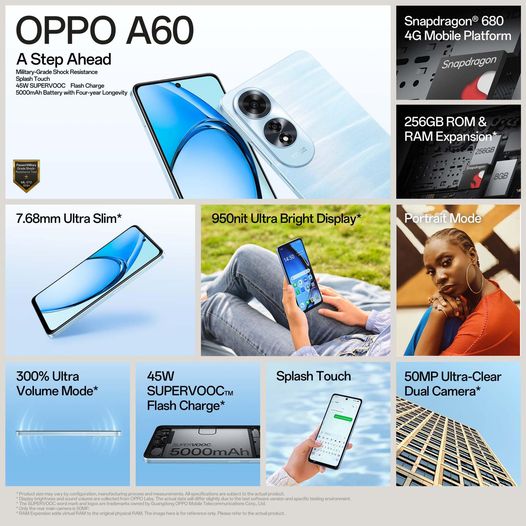 Refurbished OPPO A60 8GB RAM+256GB ROM 6.67" 90Hz 50MP Snapdragon 680 Android 14 Dual Stereo Speakers 45W 5000mAh Type-C Charge Smart Phones Side Fingerprint Unlock