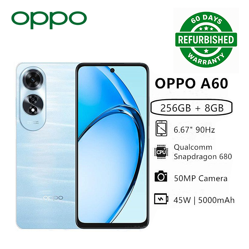 Refurbished OPPO A60 8GB RAM+256GB ROM 6.67" 90Hz 50MP Snapdragon 680 Android 14 Dual Stereo Speakers 45W 5000mAh Type-C Charge Smart Phones Side Fingerprint Unlock