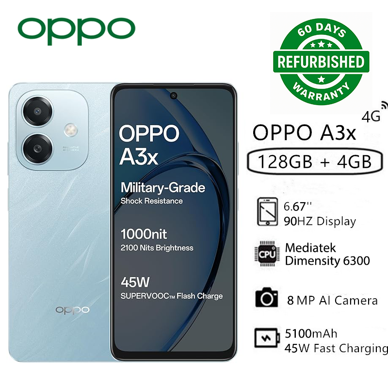 Refurbished OPPO A3x 4GB RAM+ 128GB ROM 6.67" 90Hz 8MP Dimensity 6300 Android 14 45W 5100mAh Type-C Charge Smart Phones Side Fingerprint and Facial Recognition Unlock