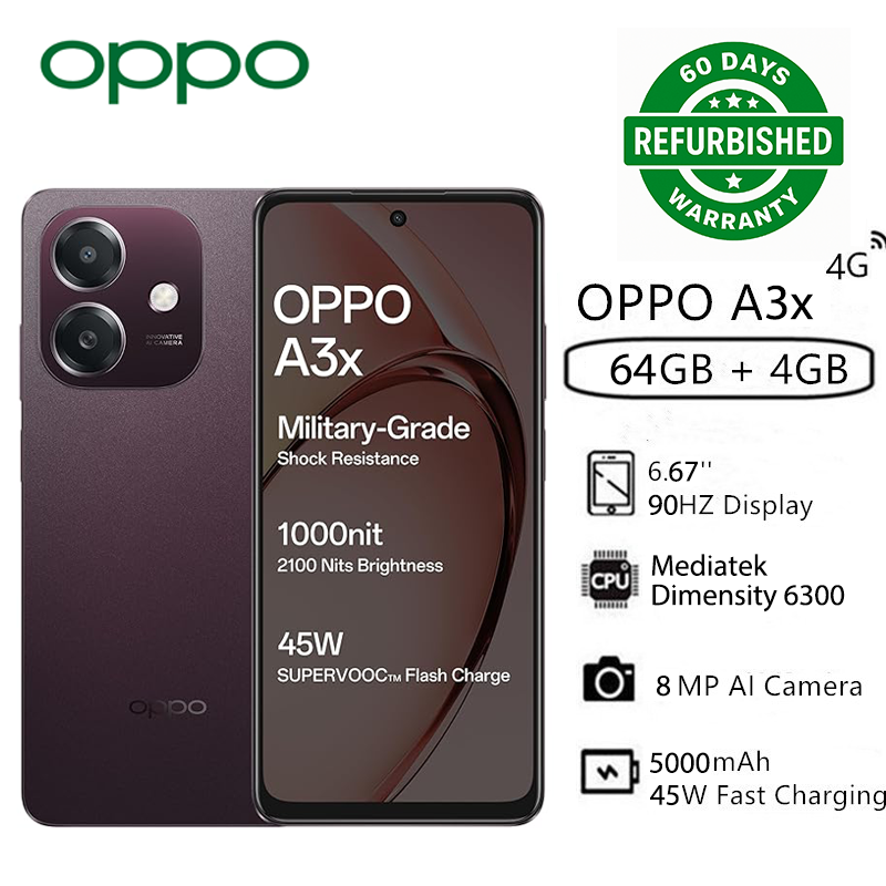 Refurbished OPPO A3x 4GB RAM+ 64GB ROM 6.67" 90Hz 8MP Dimensity 6300 Android 14 45W 5100mAh Type-C Charge Smart Phones Side Fingerprint and Facial Recognition Unlock