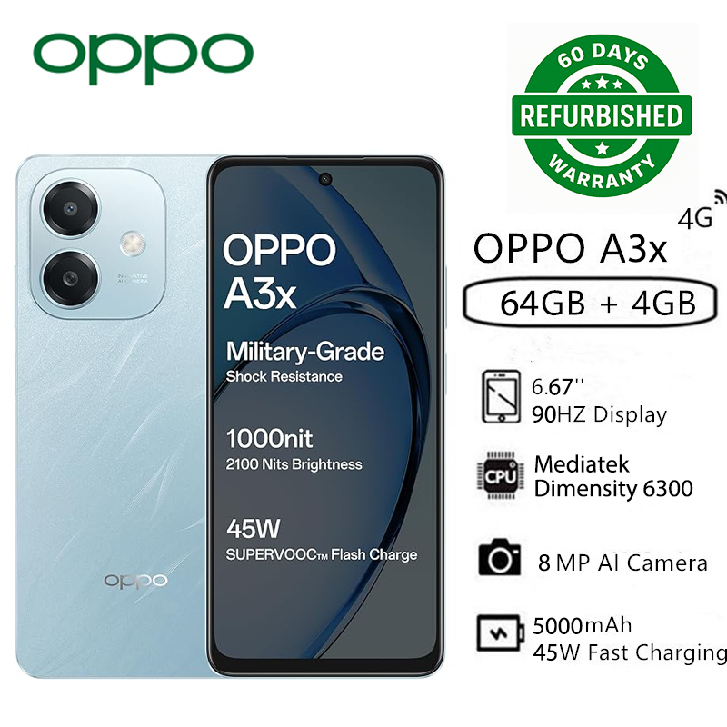 Refurbished OPPO A3x 4GB RAM+ 64GB ROM 6.67" 90Hz 8MP Dimensity 6300 Android 14 45W 5100mAh Type-C Charge Smart Phones Side Fingerprint and Facial Recognition Unlock