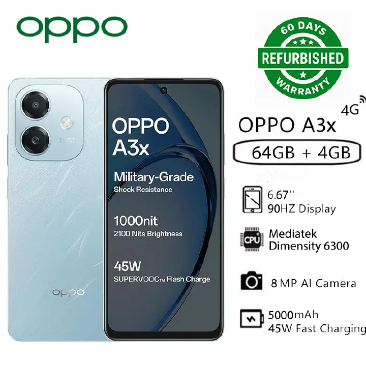 Refurbished OPPO A3x 4GB RAM+ 64GB ROM 6.67" 90Hz 8MP Dimensity 6300 Android 14 45W 5100mAh Type-C Charge Smart Phones Side Fingerprint and Facial Recognition Unlock