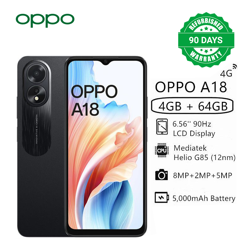 Refurbished OPPO A18 6.56" 90Hz Display 4GB+64GB 8MP Android 13 Side Fingerprint 5000mAh Type-C Charge Smart Phones IP54 Dust Splash Resistant