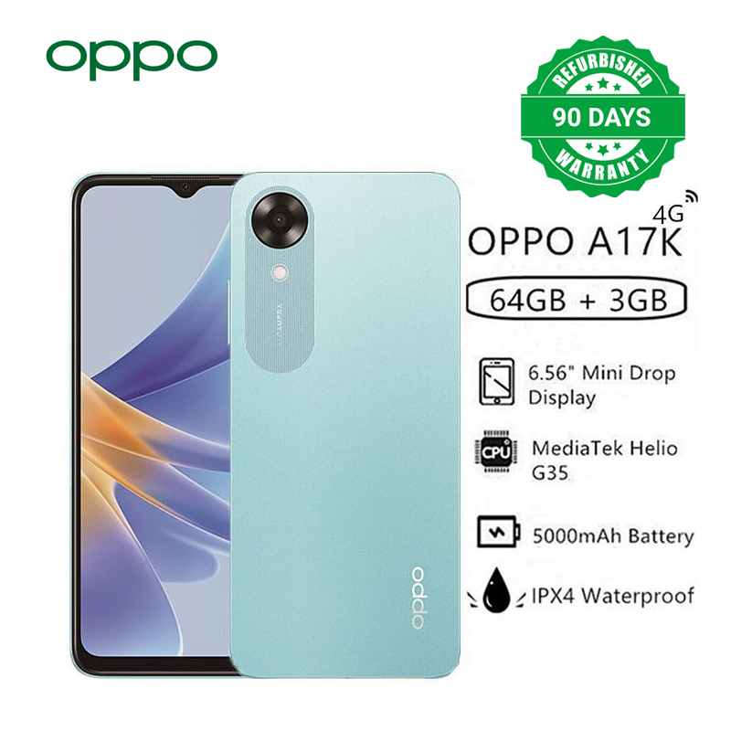 Refurbished OPPO A17K 6.56" 64GB+ 3GB RAM Side Fingerprint Unlock IPX4 Waterproof 5000mAh Android 12 4G-Dual SIM Smart Phones(Device Only, No Original Accessories!)
