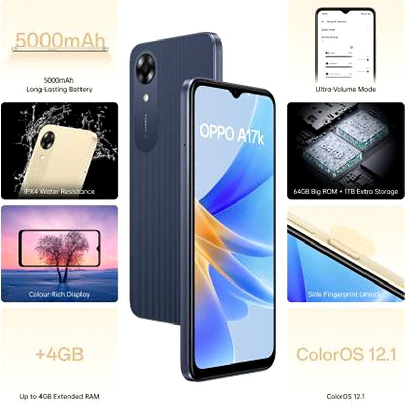Refurbished OPPO A17K 6.56" 64GB+ 3GB RAM Side Fingerprint Unlock IPX4 Waterproof 5000mAh Android 12 4G-Dual SIM Smart Phones(Device Only, No Original Accessories!)