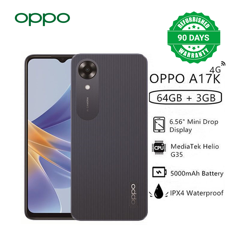 Refurbished OPPO A17K 6.56" 64GB+ 3GB RAM Side Fingerprint Unlock IPX4 Waterproof 5000mAh Android 12 4G-Dual SIM Smart Phones(Device Only, No Original Accessories!)