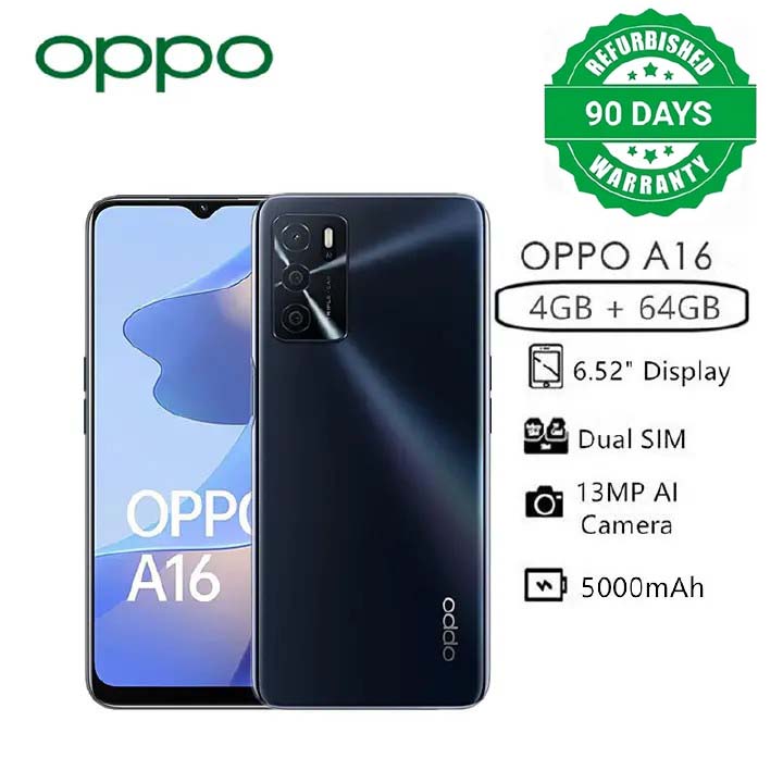 Refurbished OPPO A16 64GB+4GB 6.52" 13MP Camera 5000mAh Side Fingerprint Unlock Android 11 2G/3G/4G LTE Dual SIM Smart Phones(Device Only, No Original Accessories!)