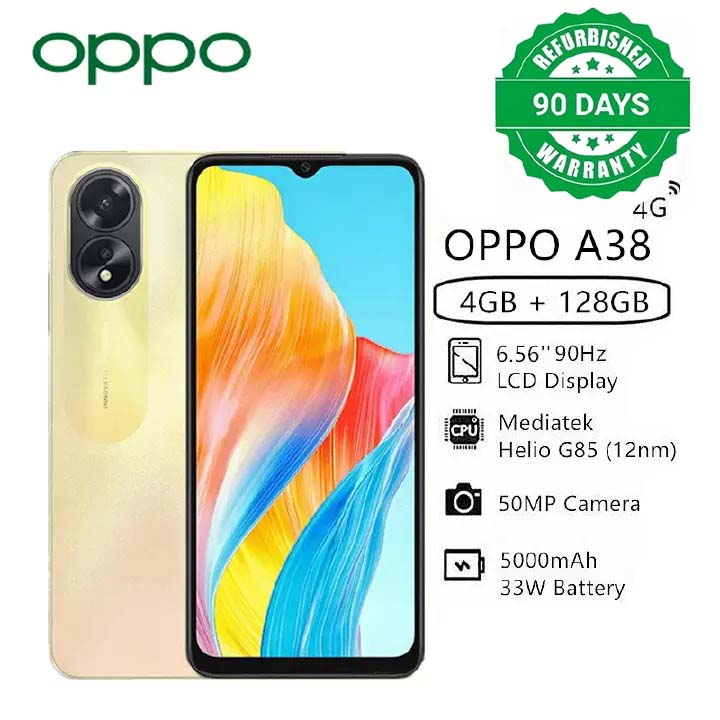 Refurbished OPPO A38 128GB+4GB 50MP AI Camera 6.56" 90Hz Sunlight Display 33W 5000 mAh Type-C Charge Android 13 4G Dual Sim Smart Phones(Device Only, No Original Accessories!)