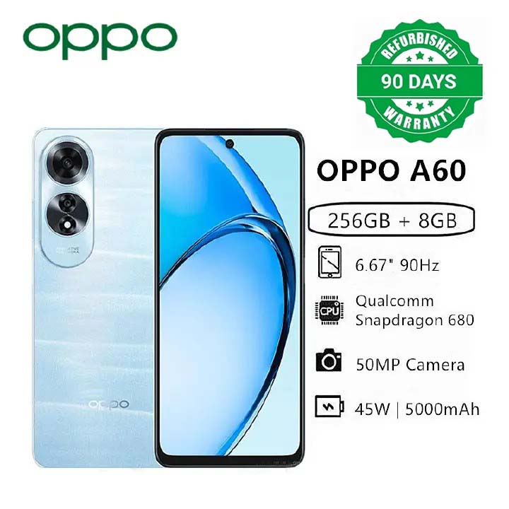 Refurbished OPPO A60 8GB RAM+256GB ROM 6.67" 90Hz 50MP Snapdragon 680 Android 14 Dual Stereo Speakers 45W 5000 mAh Smart Phones Side Fingerprint Unlock(Device Only, No Original Accessories!)