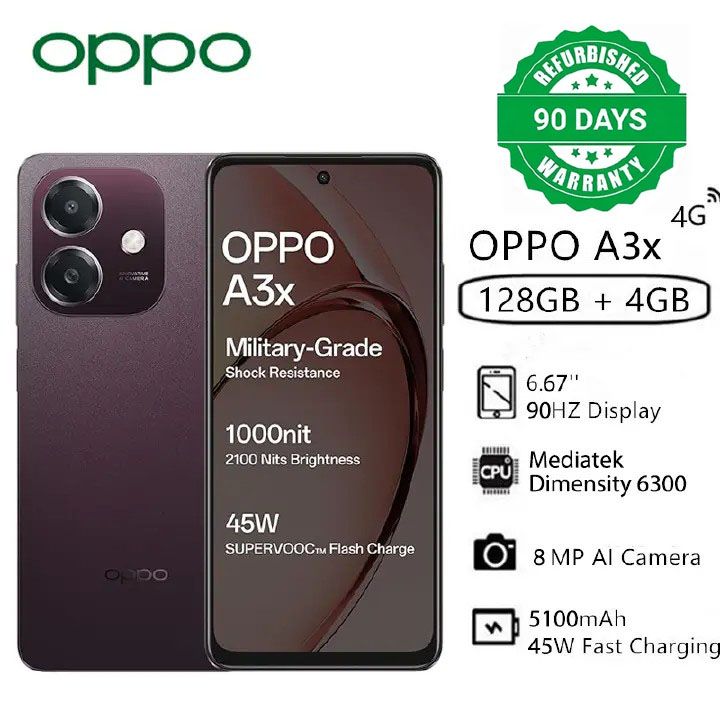 Refurbished OPPO A3x 4GB RAM+ 128GB ROM 6.67" 90Hz 8MP Dimensity 6300 Android 14 45W 5100 mAh Smart Phones Side Fingerprint and Facial Recognition Unlock(Device Only, No Original Accessories!)