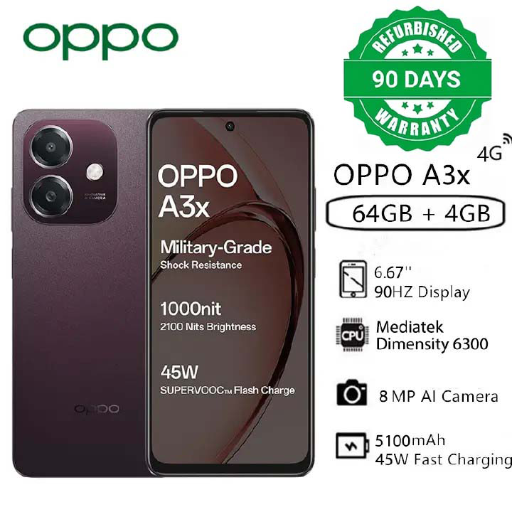 Refurbished OPPO A3x 4GB RAM+ 64GB ROM 6.67" 90Hz 8MP Dimensity 6300 Android 14 45W 5100 mAh  Smart Phones Side Fingerprint and Facial Recognition Unlock(Device Only, No Original Accessories!)