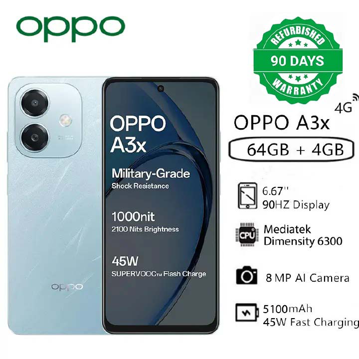Refurbished OPPO A3x 4GB RAM+ 64GB ROM 6.67" 90Hz 8MP Dimensity 6300 Android 14 45W 5100 mAh  Smart Phones Side Fingerprint and Facial Recognition Unlock(Device Only, No Original Accessories!)