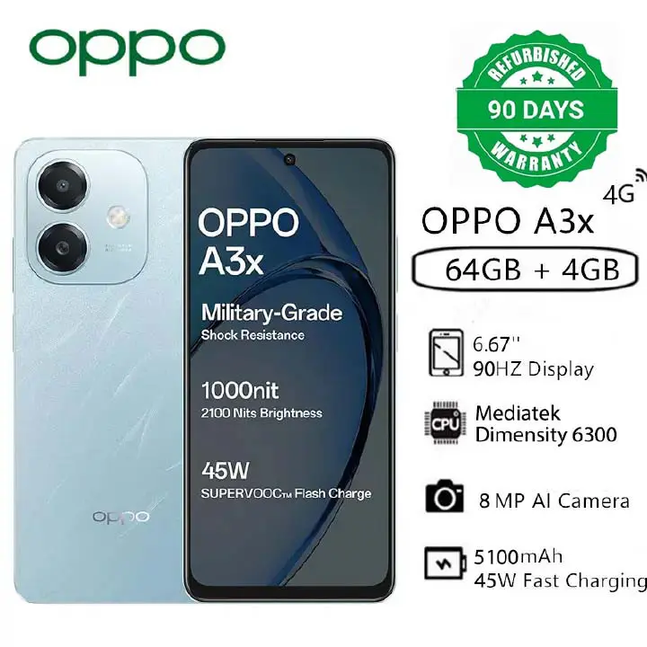 Refurbished OPPO A3x 4GB RAM+ 64GB ROM 6.67" 90Hz 8MP Dimensity 6300 Android 14 45W 5100 mAh  Smart Phones Side Fingerprint and Facial Recognition Unlock(Device Only, No Original Accessories!)