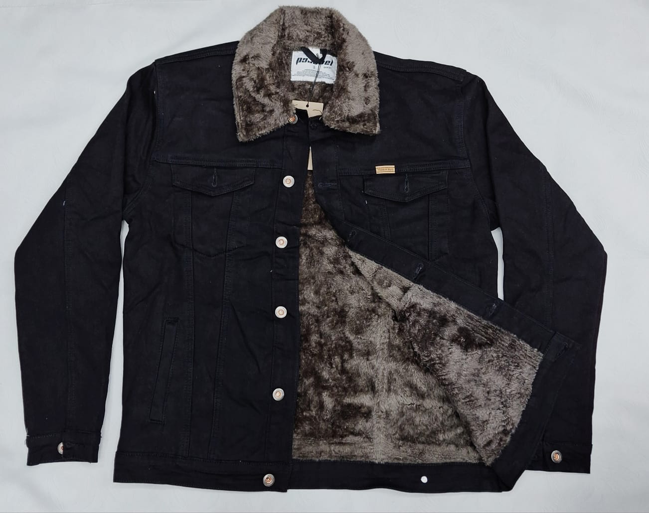 Men's fur-lined denim jacket, warm sherpa jean jacket, winter denim coat, stylish cold weather jacket, thick fleece interior, rugged denim outerwear, street style layered fur jacket