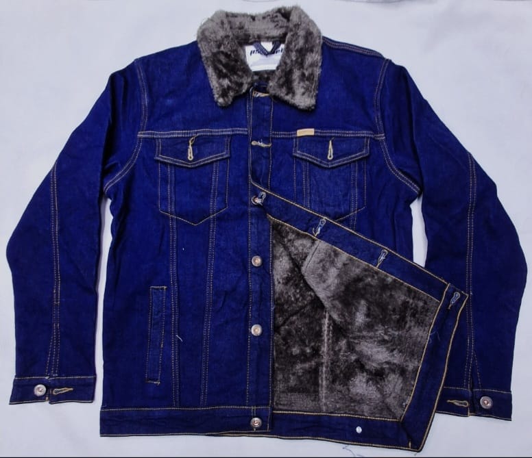 Men's fur-lined denim jacket, warm sherpa jean jacket, winter denim coat, stylish cold weather jacket, thick fleece interior, rugged denim outerwear, street style layered fur jacket