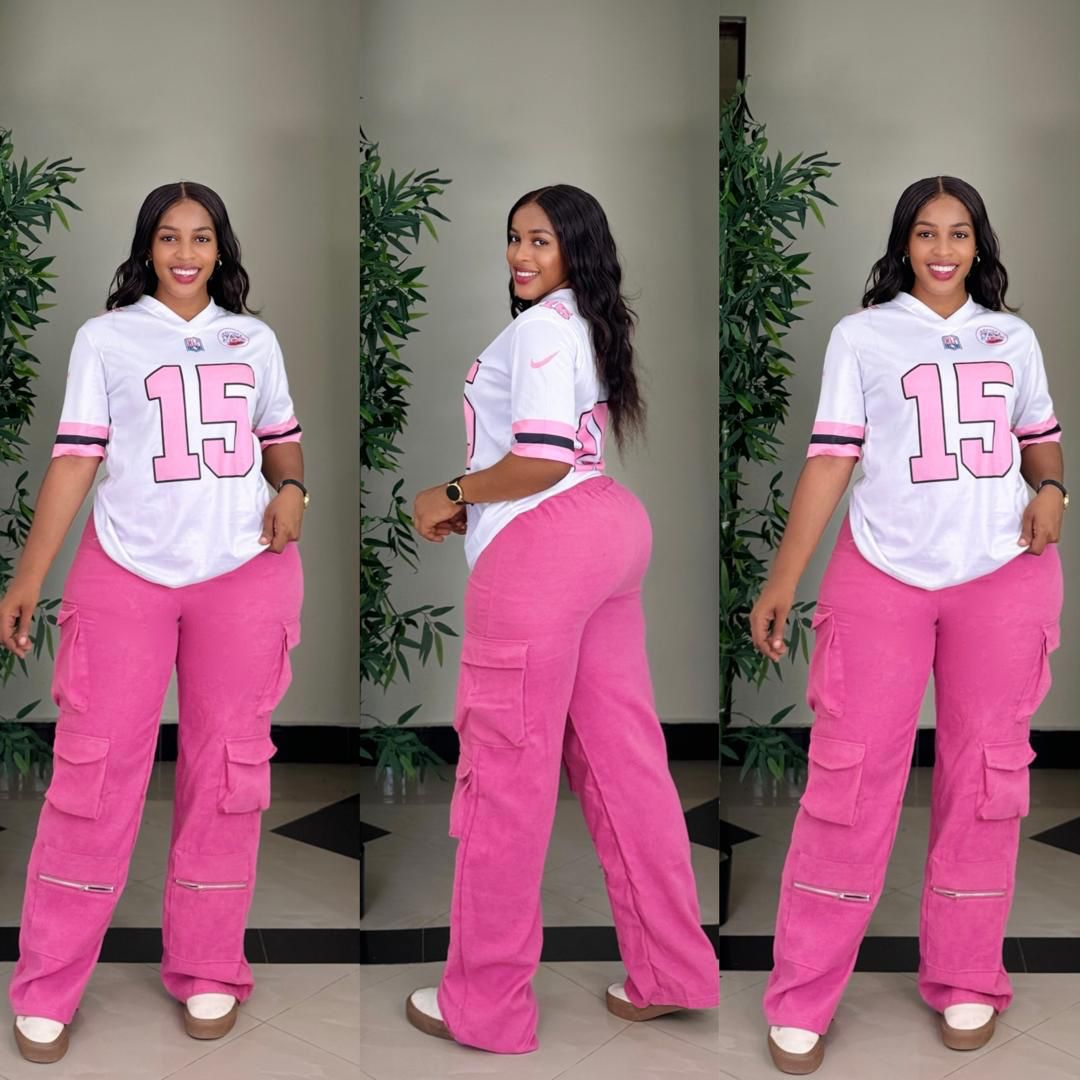 Ladies Casual Style,Ladies two piece – White Logo T-Shirt with Black Cargo Pants – Trendy & Comfortable Two-Piece Outfit for College, Outings, or Daily Wear – Relaxed Fit with Utility Vibes
