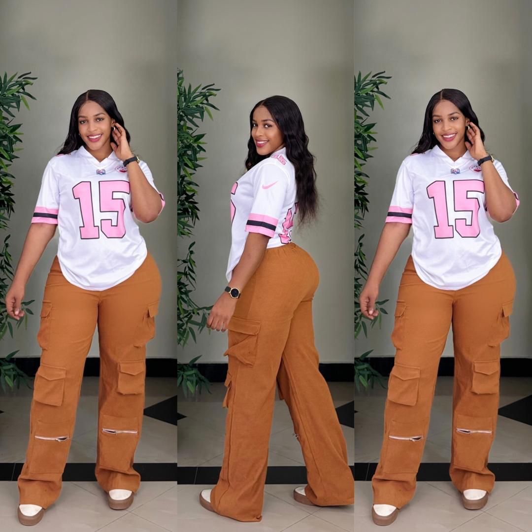 Ladies Casual Style,Ladies two piece – White Logo T-Shirt with Black Cargo Pants – Trendy & Comfortable Two-Piece Outfit for College, Outings, or Daily Wear – Relaxed Fit with Utility Vibes