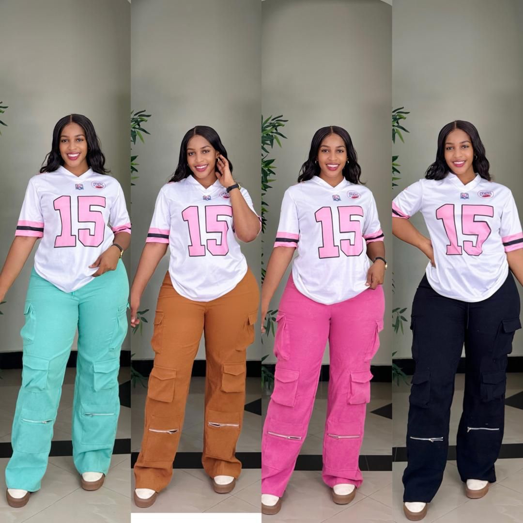 Ladies Casual Style,Ladies two piece – White Logo T-Shirt with Black Cargo Pants – Trendy & Comfortable Two-Piece Outfit for College, Outings, or Daily Wear – Relaxed Fit with Utility Vibes